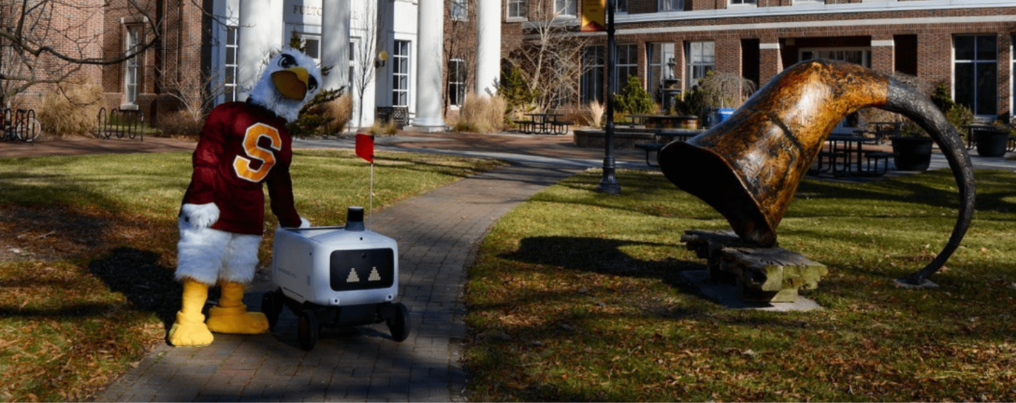 Sammy the Sea Gull with a food delivery robot
