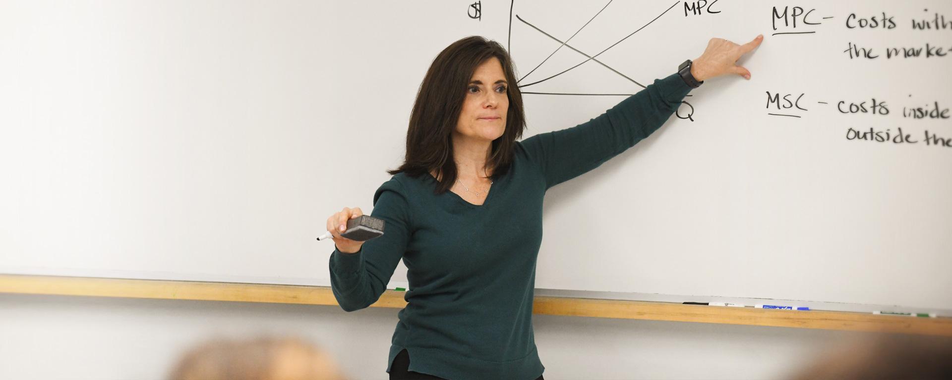 The Department of Economics and Finance classroom with professor writing on whiteboard