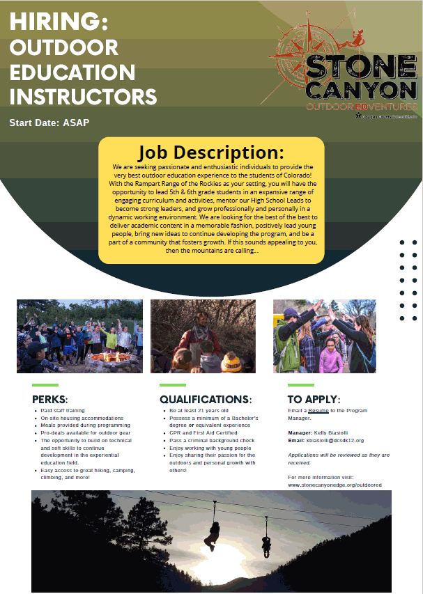Stone Canyon Summer Camp Outdoor Education Instructor Job Announcement