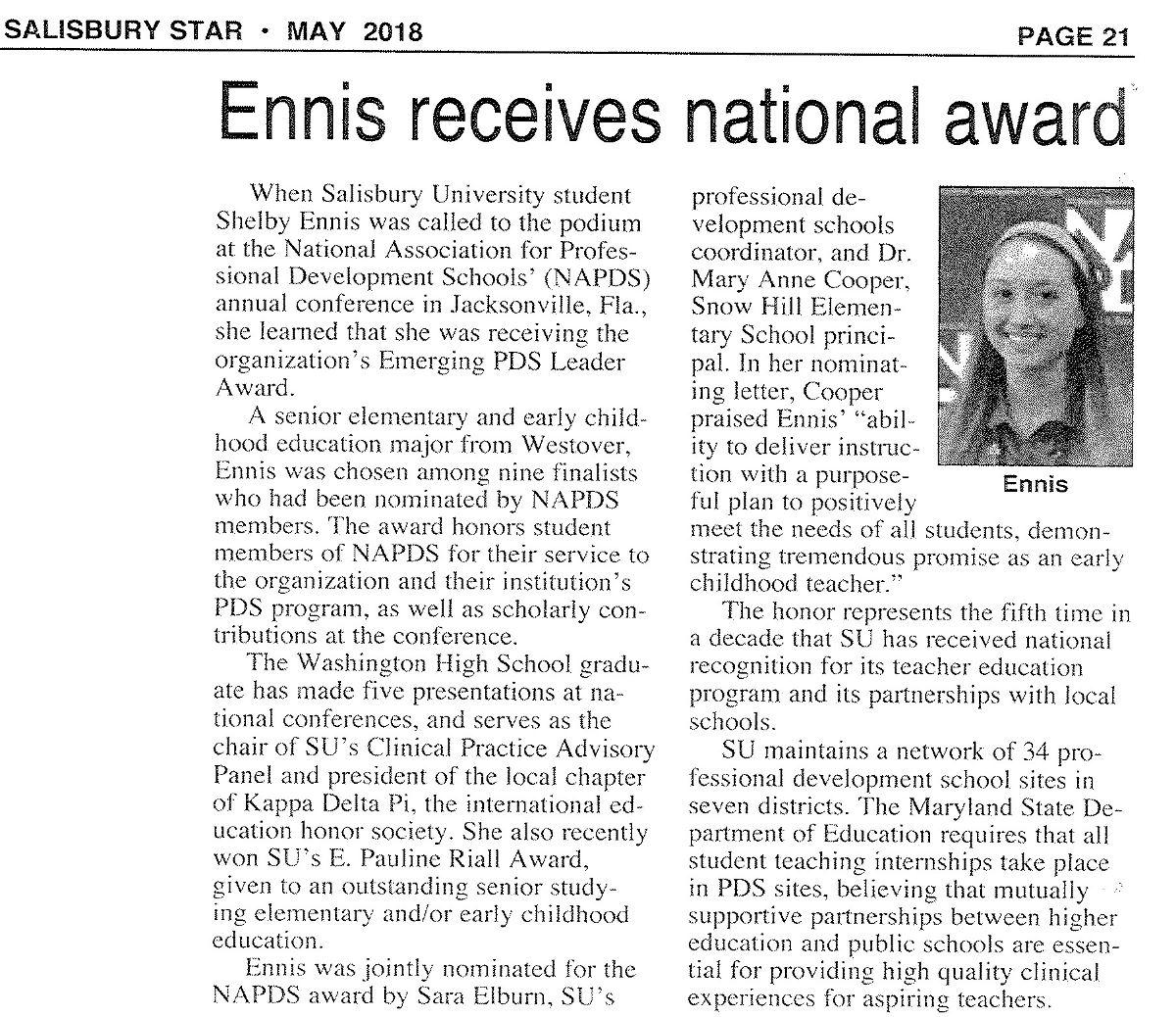 Ennis receives national award - newspaper clip