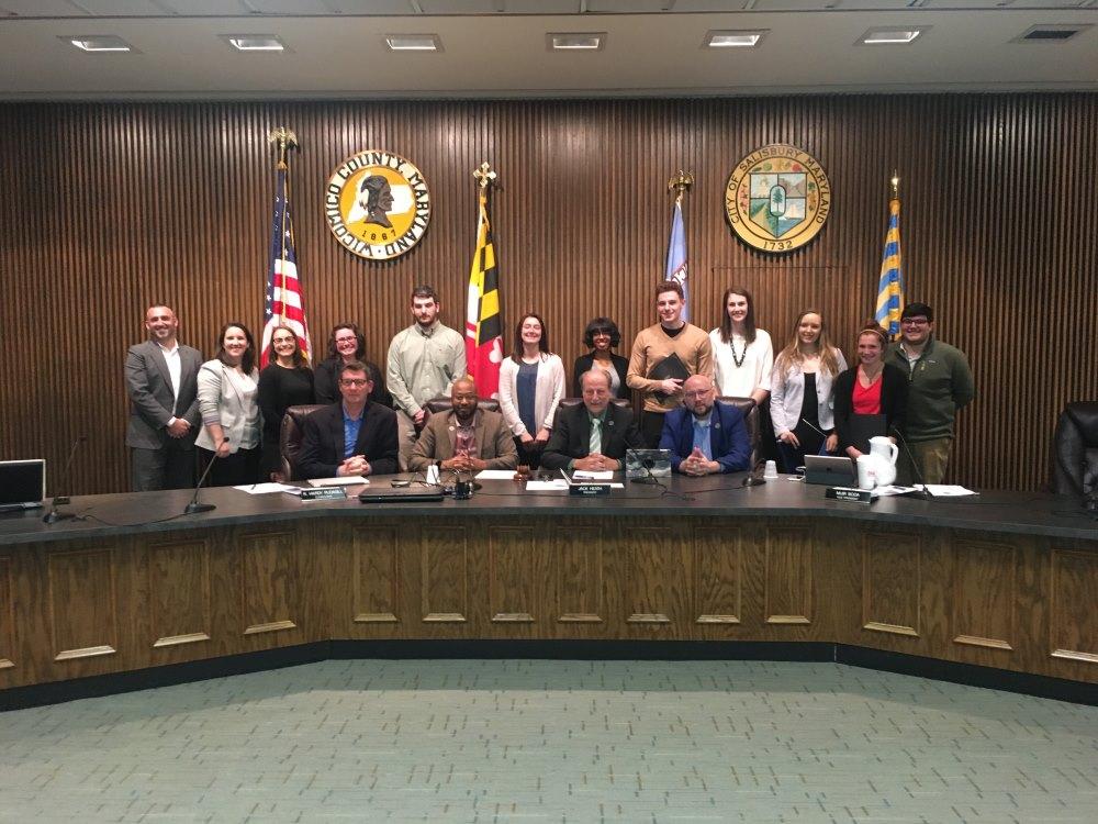 Students in POSC 440: Public Administration are pictured with members of the Salisbury City Council