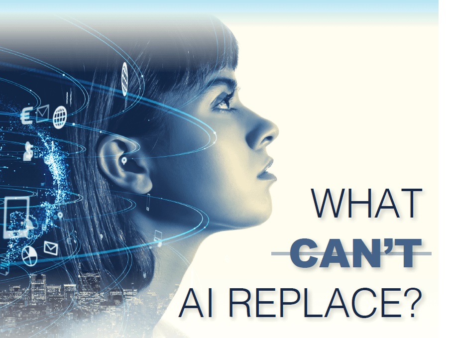 Women looks ahead and various tech icons float around her head. Text reads "What Can't AI Replace"