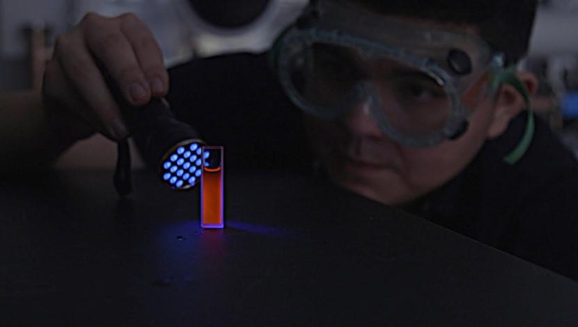 Student shines UV light into test tube filled with liquid