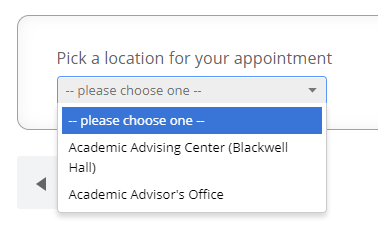 Screenshot of dropdown showing different locations for a meeting