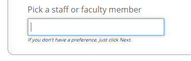 Screenshot of dropdown showing dbox to select faculty member to meet with