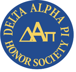 Delta Alpha Pi Honor Society logo featuring a blue circular background with gold lettering spelling ‘Delta Alpha Pi Honor Society’ around the border and stylized Greek letters Delta, Alpha, and Pi in the center.