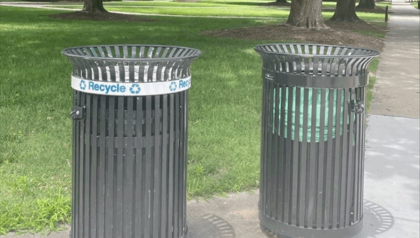 Recycling bins outside on campus