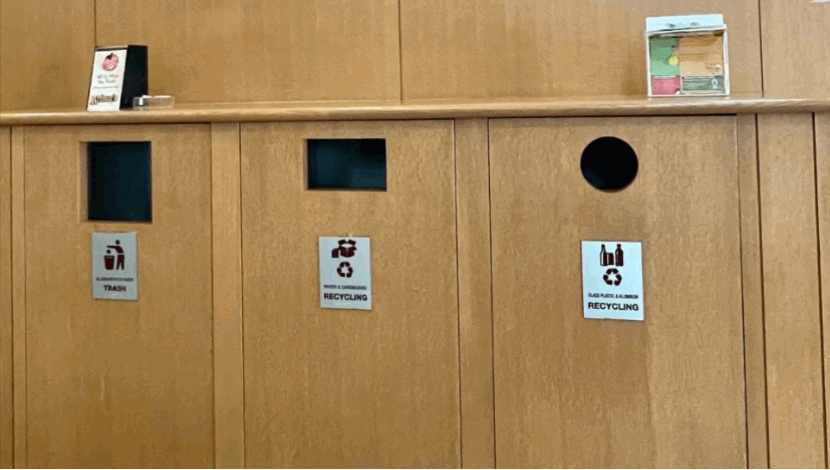 Recycling bins in Perdue Hall