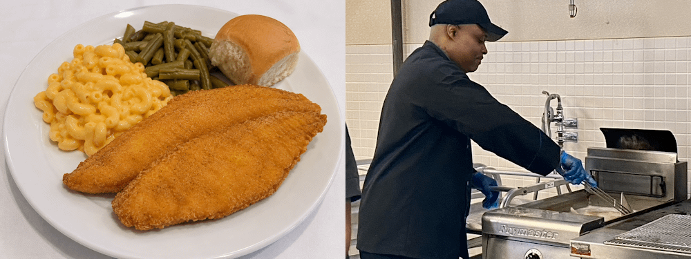 2 image collage of Blue Catfish dish plated for dinner and the second image of an SU chef preparing the dish