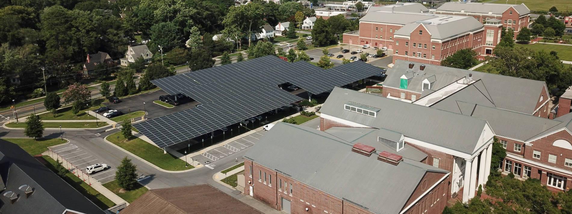 Aerial view of Fulton parking lot solar panels