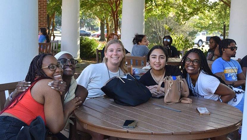 Students outside on campus near Sea Gull Square