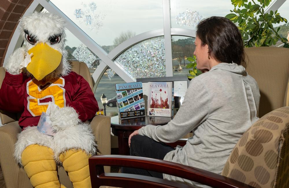 Sammy the seagull sitting with a counselor linking to how to meet with a counselor 