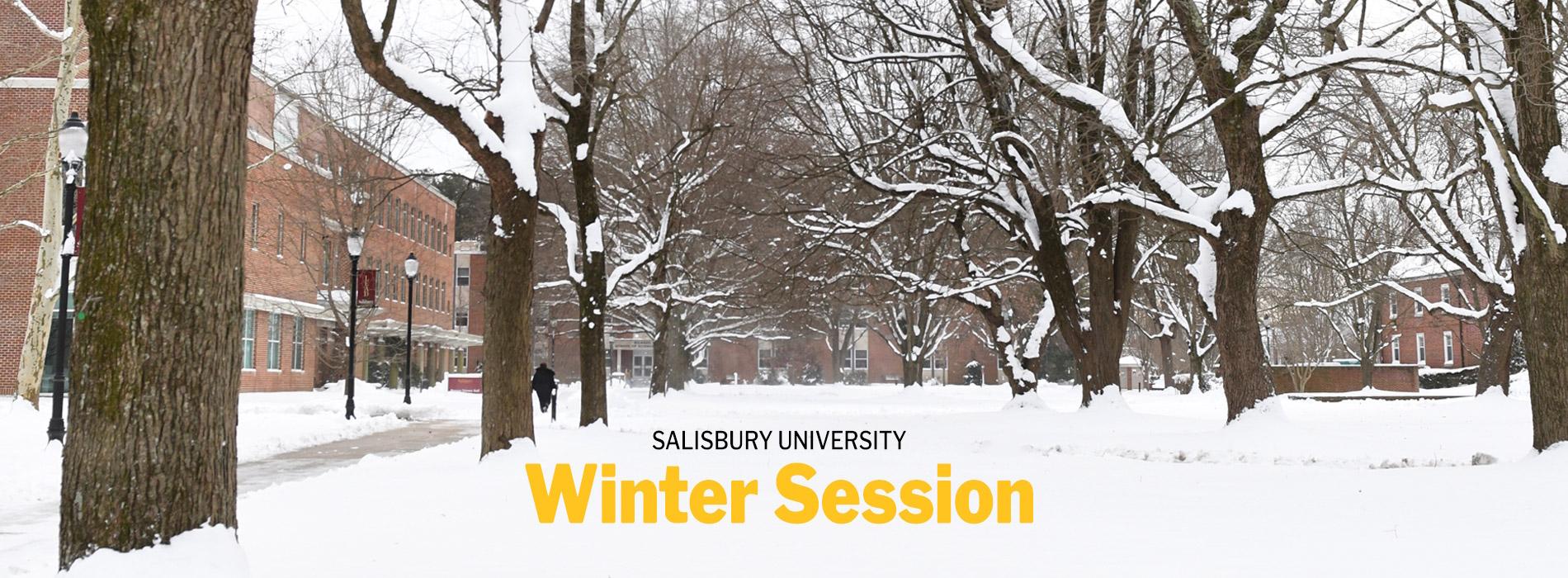 Snow in front of Henson Hall with text "Winter Classes 2026"