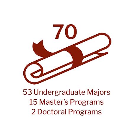 70: 53 Undergraduate Majors; 15 Master's Programs; 2 Doctoral Programs