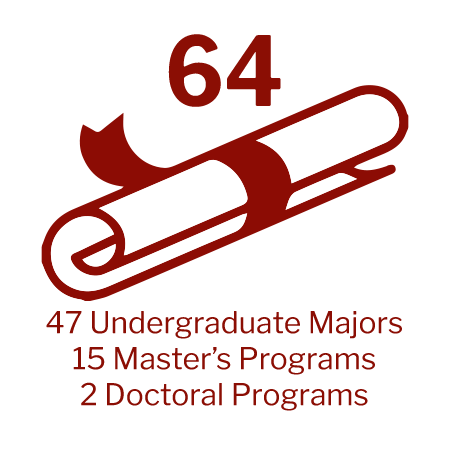 63: 45 Undergraduate Majors; 15 Master's Programs; 2 Doctoral Programs