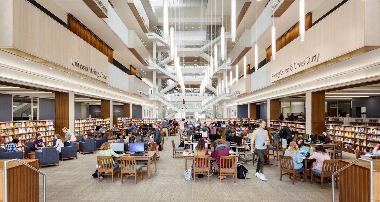 Open shot of students studying in the SUlibrary, one of the school's many state-of-the-art facilities