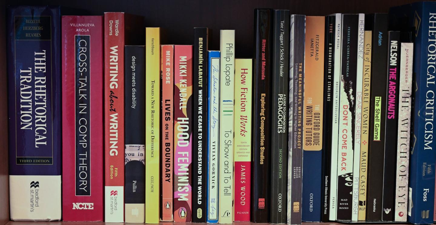 Bookshelf row of assorted books