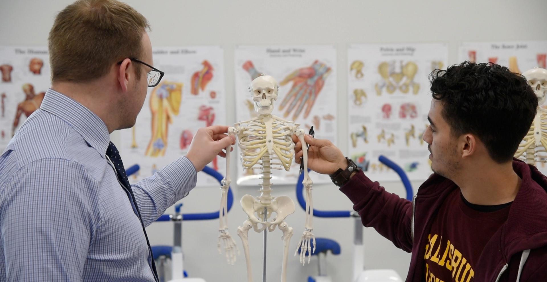 Salisbury sports medicine professor and student discussing skeleton in lab