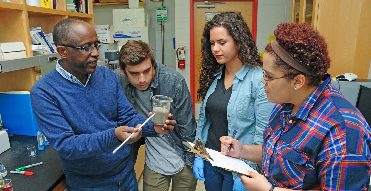 Students in SU's biology program examine a specimen