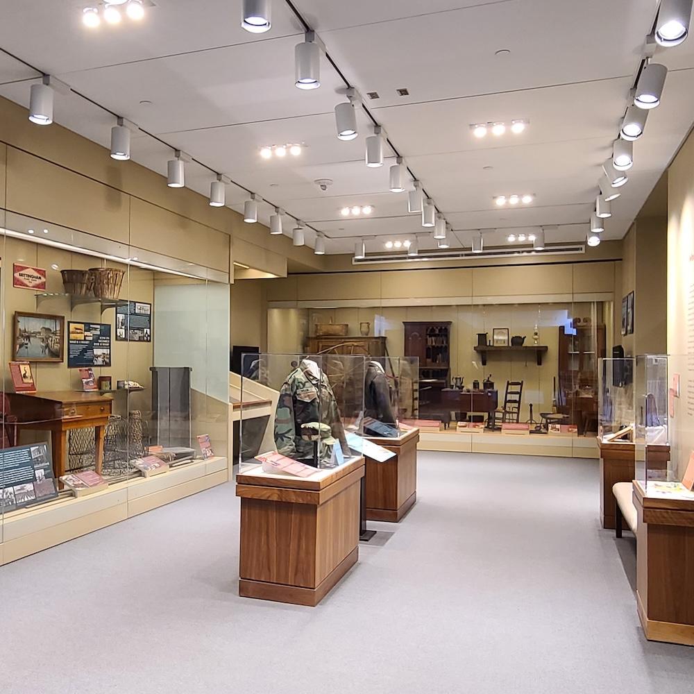 Nabb Center Permanent Gallery displaying exhibits in glass cases
