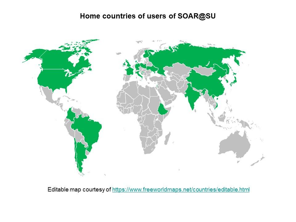 A map of the world indicating which countries users of SOAR@SU visit from.