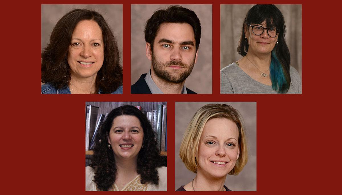 Faculty headshots of Kara French, Emin Lelić, Lauren Hill, Jennifer Nyland, Ellen Schaefer-Salins