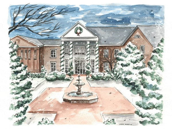 Holloway Hall in Watercolor by Emily Lepre. Falling Snow effect over the painting